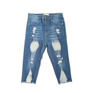 Jeggology High Rise  Ripped, Frayed Jean Capri, Casual Stretchy Denim, Raw Hem,